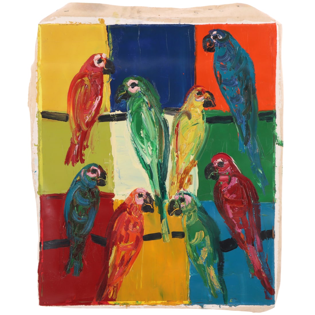 HUNT SLONEM (AMERICAN B.1951) MACAWS STUDY PAINTING, OIL ON CANVAS, SIGNED ON VERSO.: Hunt Slonem (American b.1951) macaws study painting, oil on canvas, signed on verso. Ht: 29.75" Wd: 25"