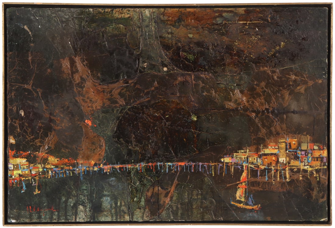A LARGE TEXTURED OIL ON CANVAS PAINTING DEPICTING A NOCTURNAL HARBOR SCENE, SIGNED INDISTINCTLY: A large textured oil on canvas painting depicting a nocturnal harbor scene, signed indistinctly lower left. Interior (sight)- Ht: 24", Wd: 36". Ht: 25" Wd: 37" Dpth: 1.5"