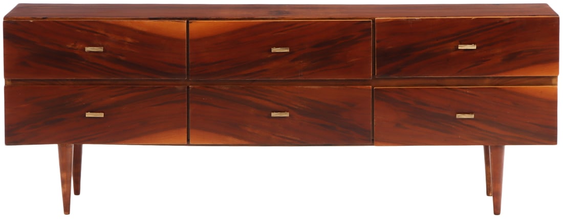 SIX DRAWER WALNUT DRESSER C 1955 HAVING HIGHLY FIGURED AND BOOKMATCHED VENEERED FRONTS.: Six drawer walnut dresser C 1955 having highly figured and bookmatched veneered fronts. Ht: 24.5" Wd: 67" Dpth: 17.5"