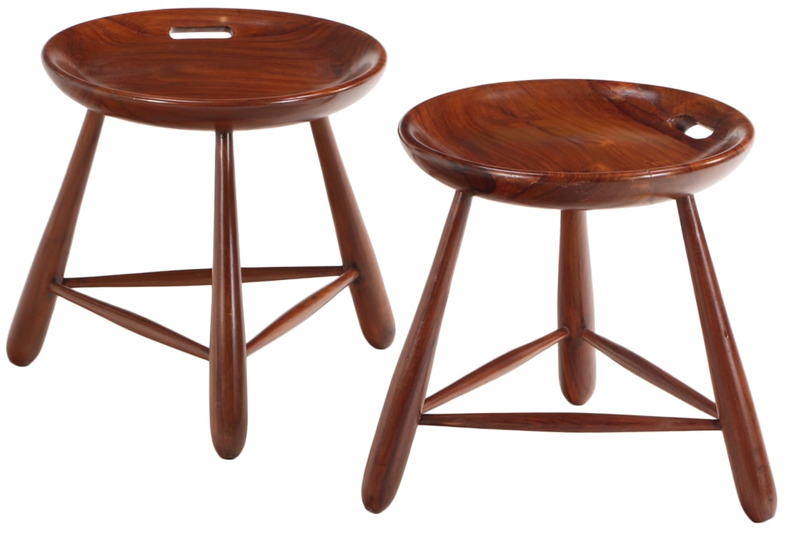 PAIR OF BRAZILIAN EXOTIC WOOD STOOLS WITH INTEGRAL HANDLES AND BUTTERFLY CONSTRUCTION.: Pair of Brazilian exotic wood stools with integral handles and butterfly construction. Ht: 18" Wd: 20" Dpth: 20"