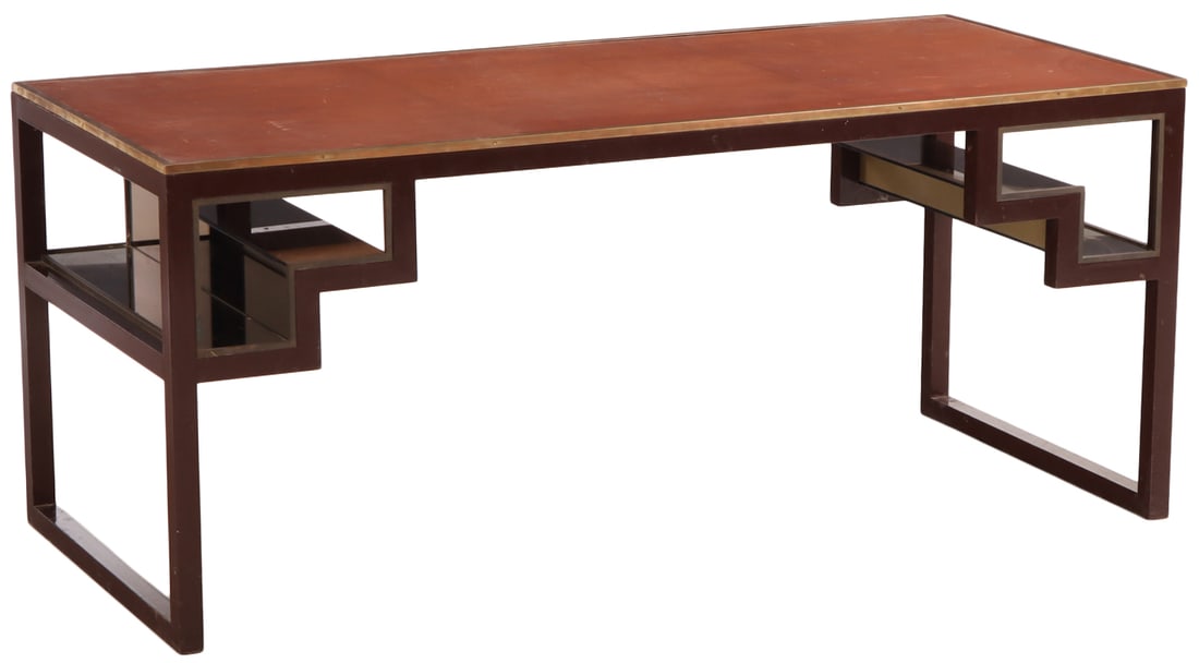 LACQUERED IRON, BRASS FRENCH LEATHER TOP DESK HAVING MIRRORED SURFACES ON EITHER END C 1970;: Lacquered iron, brass French leather top desk having mirrored surfaces on either end C 1970; Ht: 30.25" Wd: 71" Dpth: 31.5"