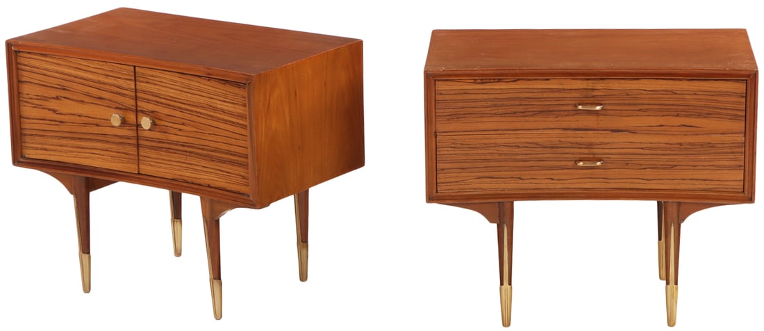 PAIR OF BRASS TRIMMED NIGHT STANDS HAVING ROSEWOOD FACES C 1960.: Pair of brass trimmed night stands having rosewood faces C 1960. Ht: 30.75" Wd: 51.5" Dpth: 19.25"