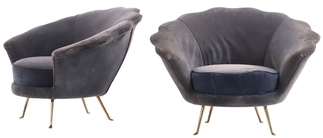 PAIR OF ITALIAN UPHOLSTERED LOUNGE CHAIRS HAVING BRASS LEGS C 1950.: Pair of Italian upholstered lounge chairs having brass legs C 1950. Ht: 26.5" Wd: 37.5" Dpth: 30" Seat: 14.5"