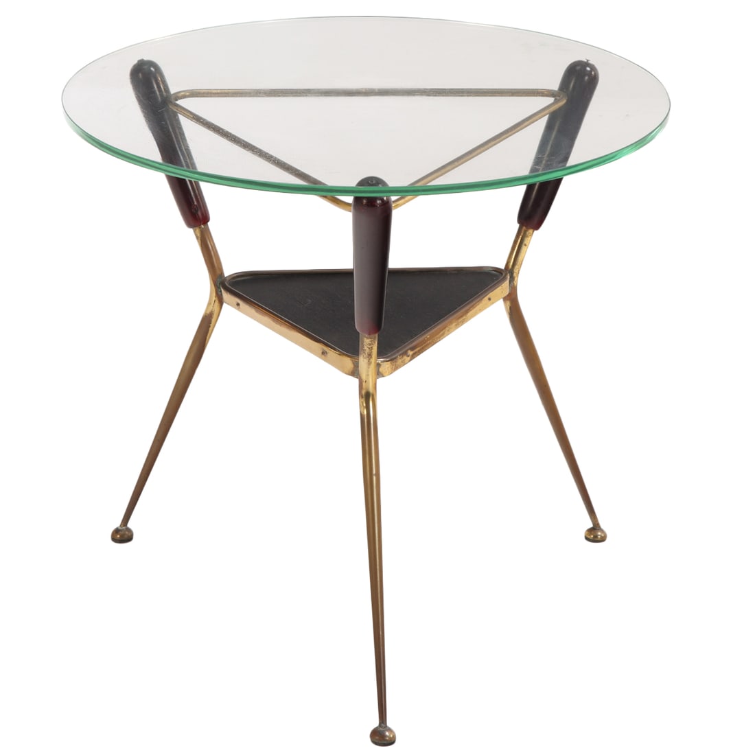 ITALIAN BRASS AND WOOD COFFEE OR END TABLE HAVING A ROUND GLASS TOP C 1950.: Italian brass and wood coffee or end table having a round glass top C 1950. Ht: 20.5" Wd: 22" Dpth: 22"