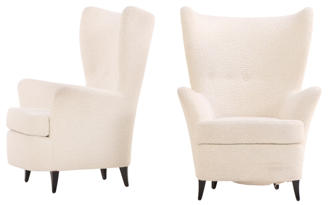 PAIR OF MODERN ITALIAN LOUNGE CHAIRS HAVING EBONIZED FEET AND BOUCLE FABRIC.: Pair of modern Italian lounge chairs having ebonized feet and boucle fabric. Ht: 39.5" Wd: 29.25" Dpth: 26" Seat: 17"