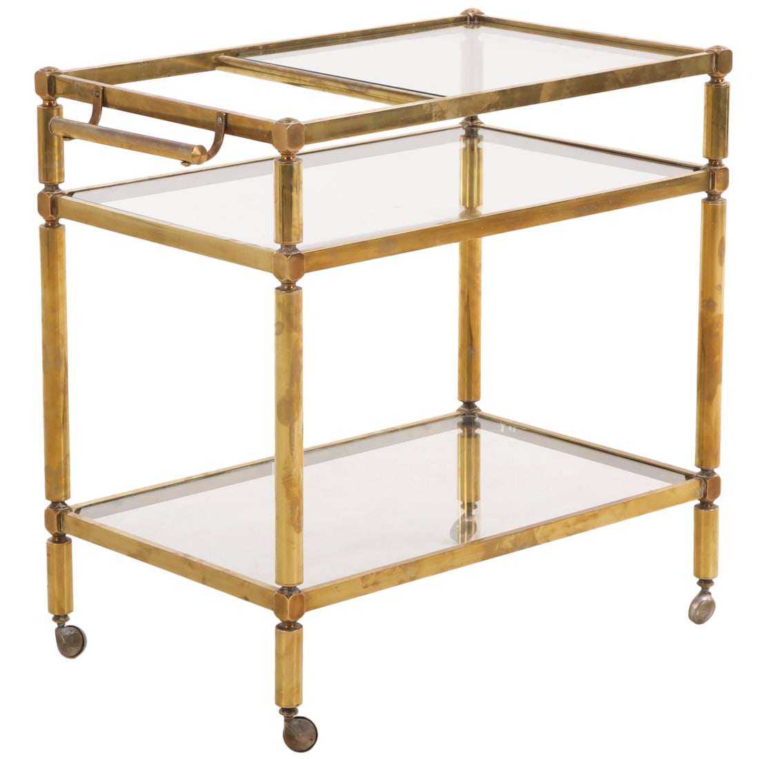 BRASS AND GLASS BAR CART C 1970.: Brass and glass bar cart C 1970. Ht: 28.5" Wd: 29" Dpth: 18"