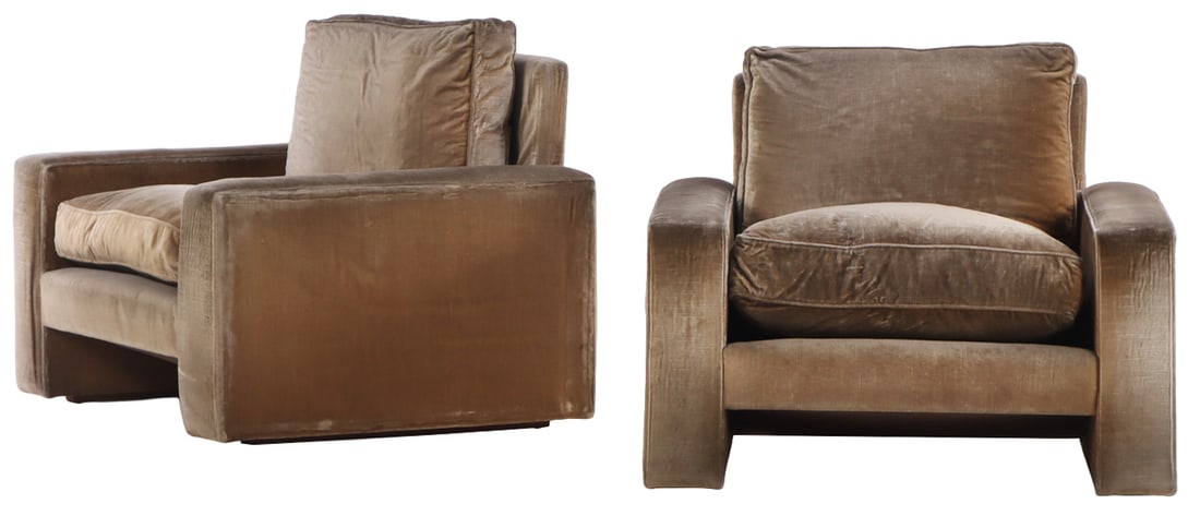 PAIR UPHOLSTERED LOUNGE CHAIRS DESIGNED BY ALBERTO CHURBA C 1965.: Pair upholstered lounge chairs designed by Alberto Churba C 1965. Ht: 31" Wd: 36" Dpth: 34" Seat: 19"