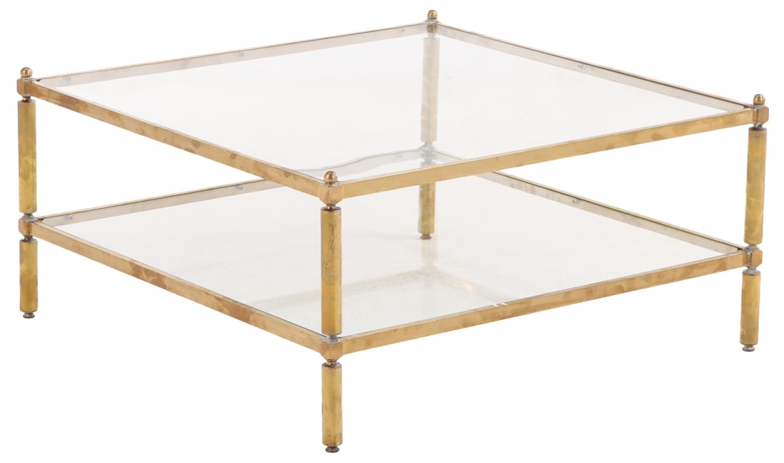 SQUARE BRASS AND GLASS COFFEE TABLE HAVING ROUND LEGS AND BALL FINIALS C 1970.: Square brass and glass coffee table having round legs and ball finials C 1970. Ht: 17.5" Wd: 35.75" Dpth: 35.75"
