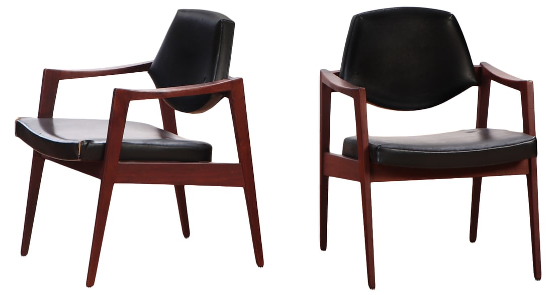 DANISH STYLE SOLID WALNUT OPEN ARM CHAIRS C 1955.: Danish style solid walnut open arm chairs C 1955. Ht: 31.75" Wd: 23.5" Dpth: 23.5" Seat: 17.5"