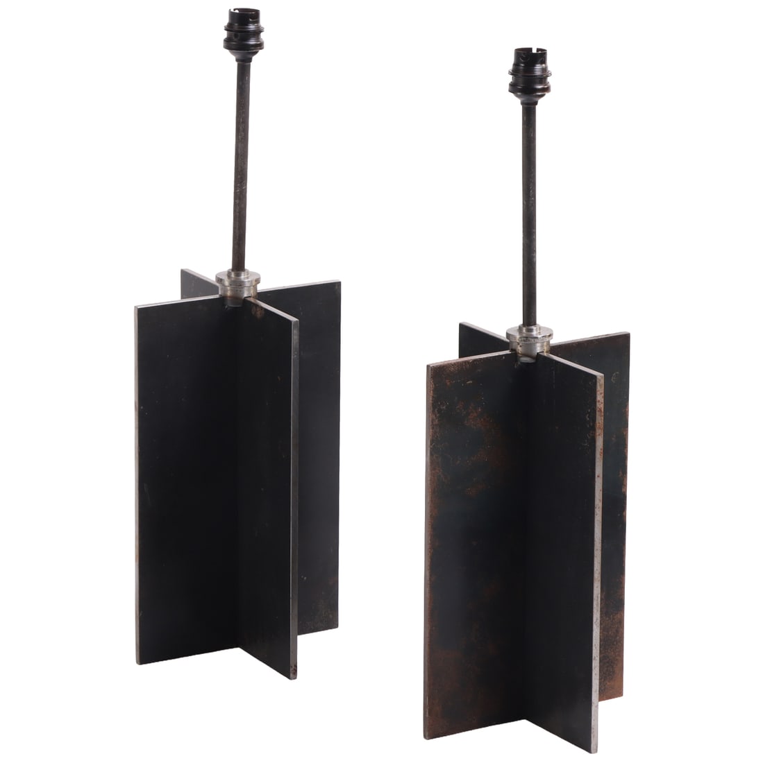 PAIR OF IRON TABLE LAMPS IN THE MANNER OF JEAN-MICHEL FRANK.: Pair of iron table lamps in the manner of Jean-Michel Frank. Ht: 19.5" Wd: 5" Dpth: 5"