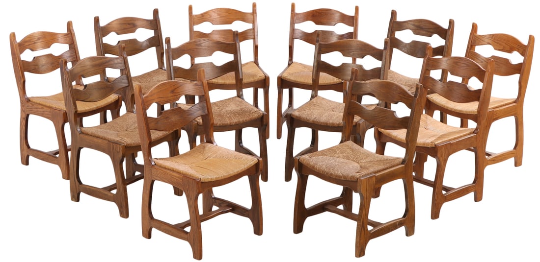 TWELVE BELGIAN OAK BRUTALIST STYLE DINING CHAIRS WITH RUSH SEATS C 1960. (1 of 10)