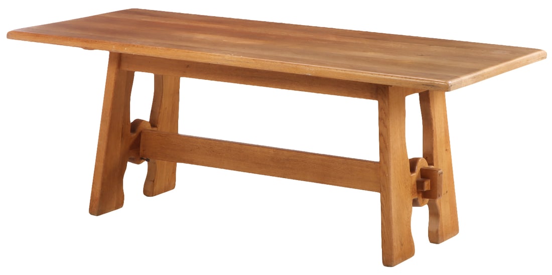 FRENCH OAK KEYHOLE TRESTLE TABLE HAVING A SLAB TOP AND MORTISE AND TENON CONSTRUCTION C 1960, IN THE (1 of 5)