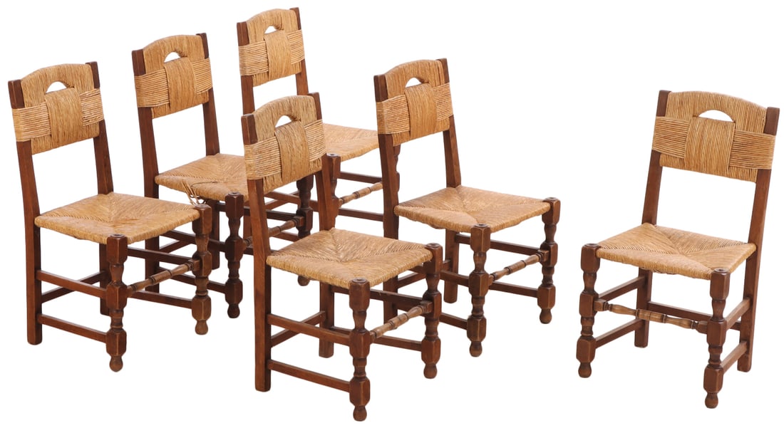 SIX FRENCH DINING CHAIRS IN THE MANNER OF CHARLES DUDOUYT HAVING RUSH BACKS WITH A WOVEN DESIGN C (1 of 8)