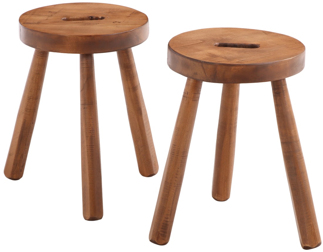 PAIR OF FRENCH PRIMITIVE MILKING STOOLS OR SIDE OR TABLES.: Pair of French primitive milking stools or side or tables. Ht: 17.25" Wd: 14.5" Dpth: 14.5"