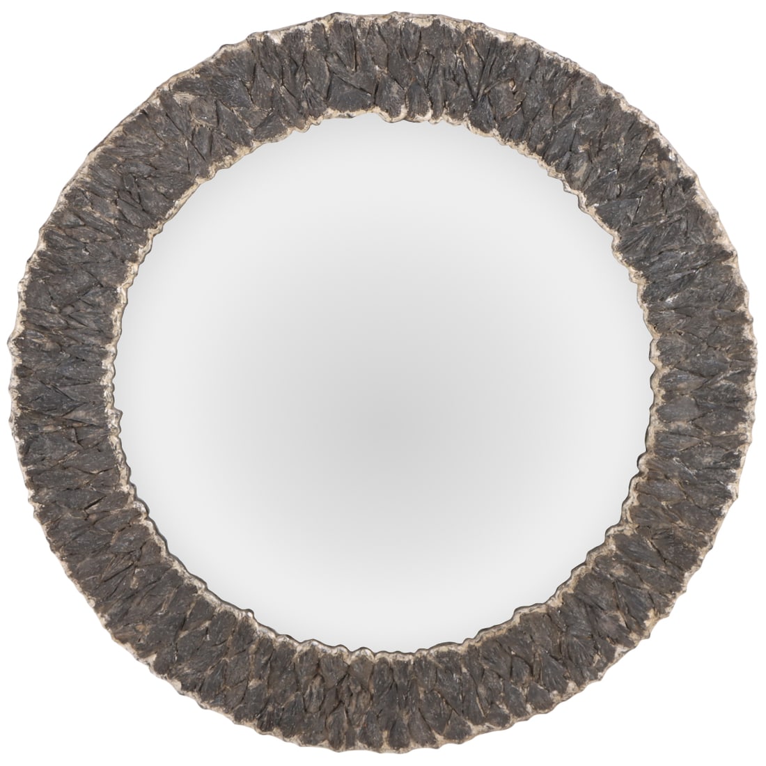 ROUND ARTIST MADE MIRROR MADE FROM GREY KYANITE MINERALS.: Round artist made mirror made from grey Kyanite minerals. Ht: 31.5" Wd: 31.5" Dpth: 1.5"