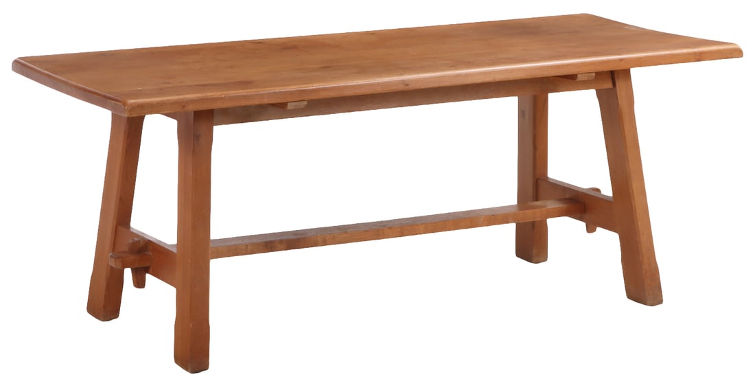 BELGIAN SOLID OAK TABLE OR WRITING DESK WITH MORTISE AND TENON CONSTRUCTION C 1950,: Belgian solid oak table or writing desk with mortise and tenon construction C 1950, Ht: 30.75" Wd: 78.5" Dpth: 33"