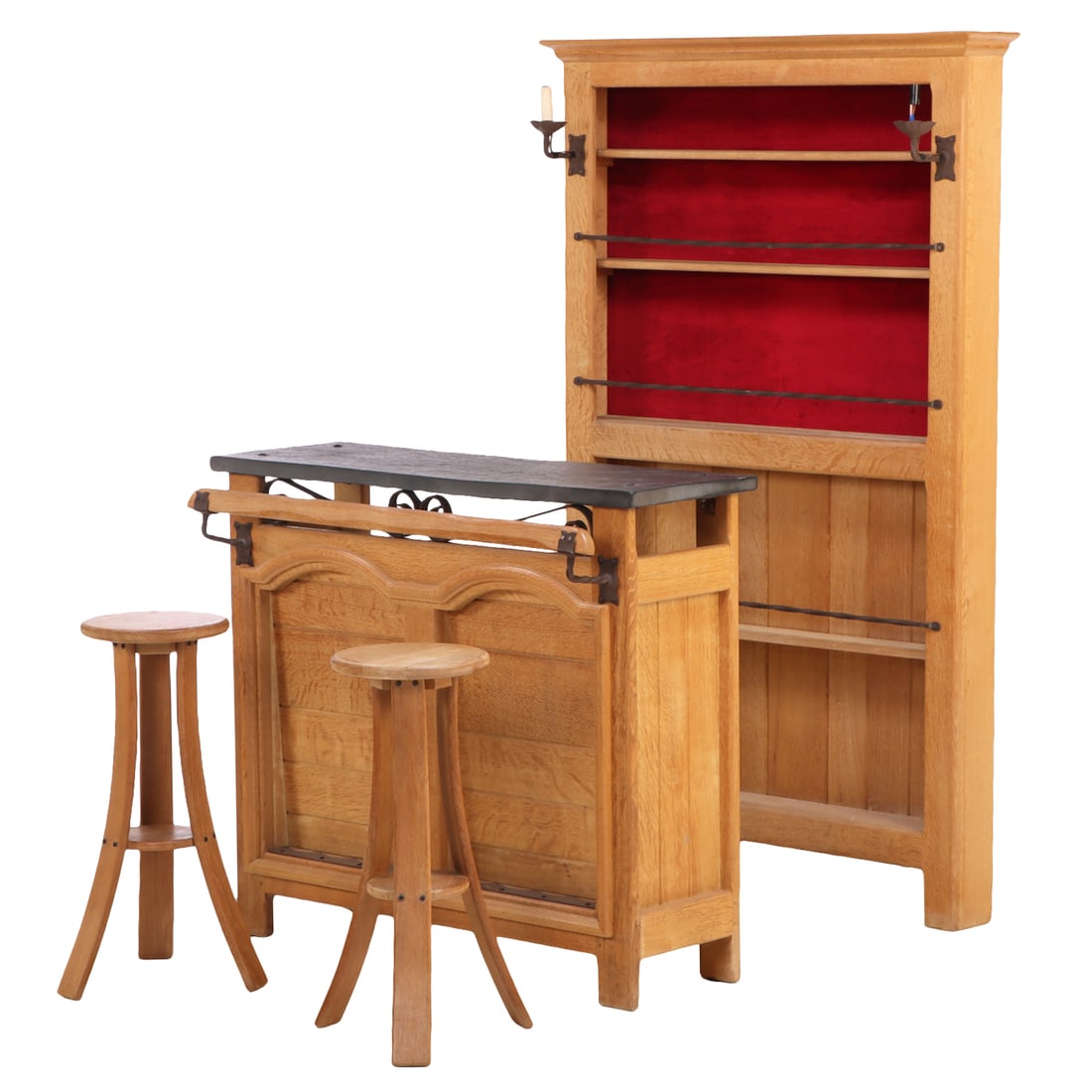 BRUTALIST STYLE FRENCH OAK, IRON AND SLATE FRONT AND BACK BAR WITH TWO STOOLS C 1960.: Brutalist style French oak, iron and slate front and back bar with two stools C 1960. Back bar- Ht: 80", Wd: 50", Dpth: 8". Stool- Ht: 31.25", Wd: 16", Dpth: 16". Ht: 43.5" Wd: 49.75" Dpth: 20.25"