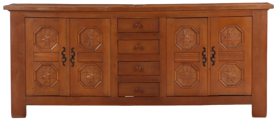 FRENCH OAK BRUTALIST STYLE SIDEBOARD HAVING FOUR DOORS FLANKING A BANK OF DRAWERS C 1940.: French oak Brutalist style sideboard having four doors flanking a bank of drawers C 1940. Ht: 44" Wd: 104" Dpth: 21.75"