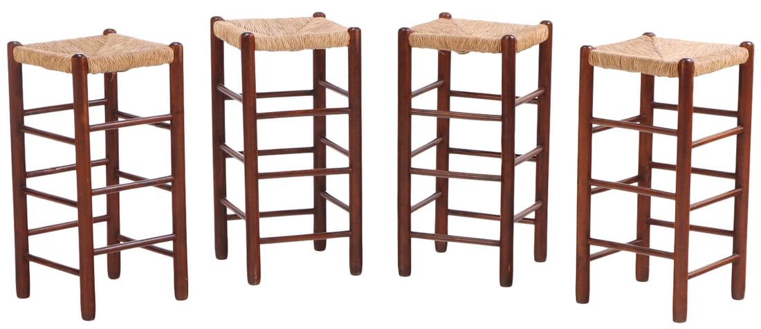 FOUR FRENCH WOOD AND RUSH BAR STOOLS C 1965.: Four French wood and rush bar stools C 1965. Ht: 30.5" Wd: 15" Dpth: 15"
