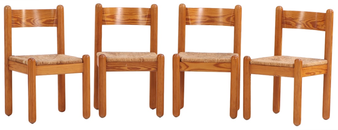FOUR PINE RUSH SEAT SIDE CHAIRS C 1960.: Four pine rush seat side chairs C 1960. Ht: 30.5" Wd: 18" Dpth: 19.5" Seat: 17"