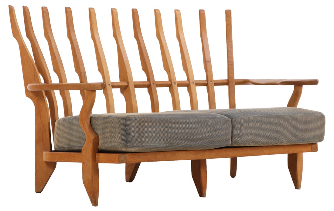 FRENCH OAK JULIETTE SOFA WITH CUSHIONS BY GUILLERME AND CHAMBRON C 1965.: French oak Juliette sofa with cushions by Guillerme and Chambron C 1965. Ht: 39" Wd: 66" Dpth: 37" Seat: 17.5"