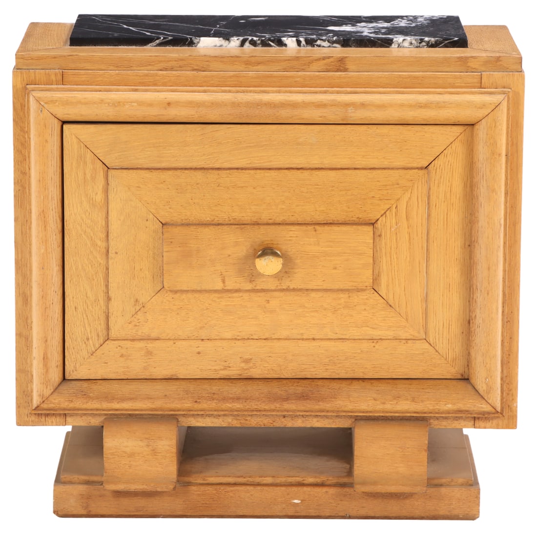 A PETITE FRENCH OAK MARBLE TOP CABINET HAVING A SINGLE DOOR IN THE MANNER OF GUILLERME AND: A petite French oak marble top cabinet having a single door in the manner of Guillerme and Chambron C 1950. Ht: 26.5" Wd: 27.5" Dpth: 14"