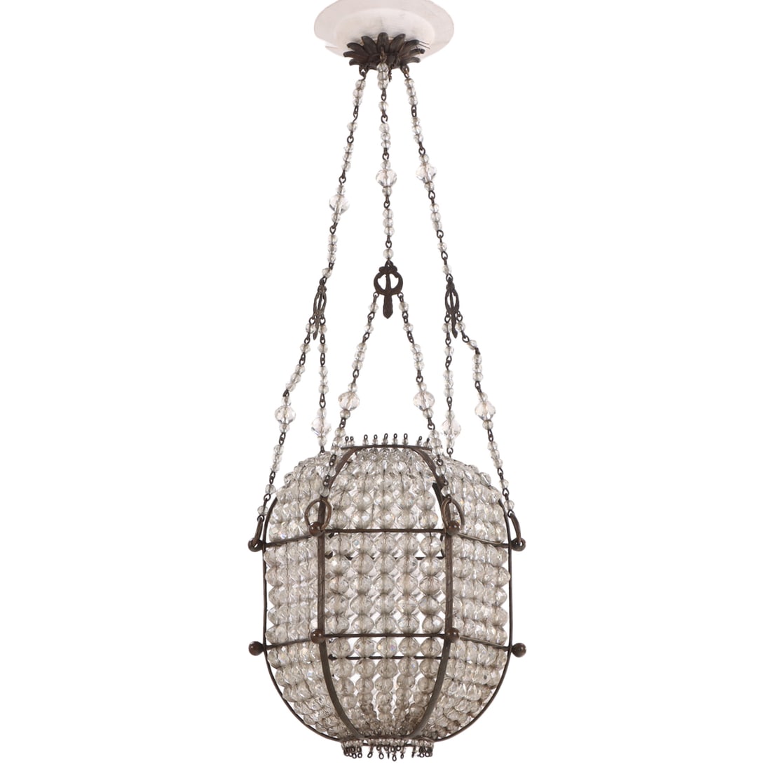 ELEGANT AND PETITE FRENCH BRONZE AND CRYSTAL LANTERN FORM LIGHT FIXTURE C 1920.: Elegant and petite French bronze and crystal lantern form light fixture C 1920. Ht: 10" Wd: 8" Dpth: 8"
