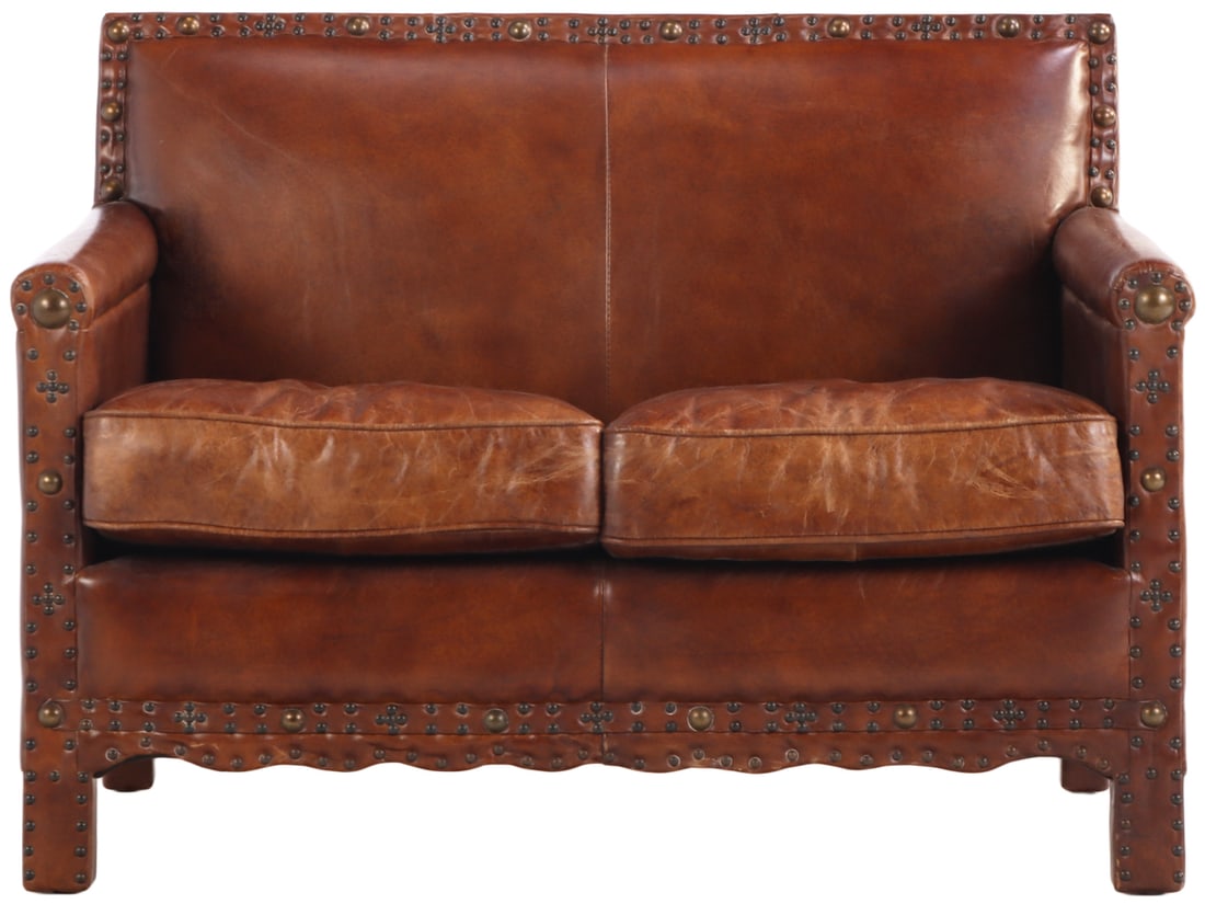 MODERN LEATHER SETTEE HAVING BRASS TACK DECORATION AND LOOSE CUSHION UPHOLSTERY. (1 of 7)