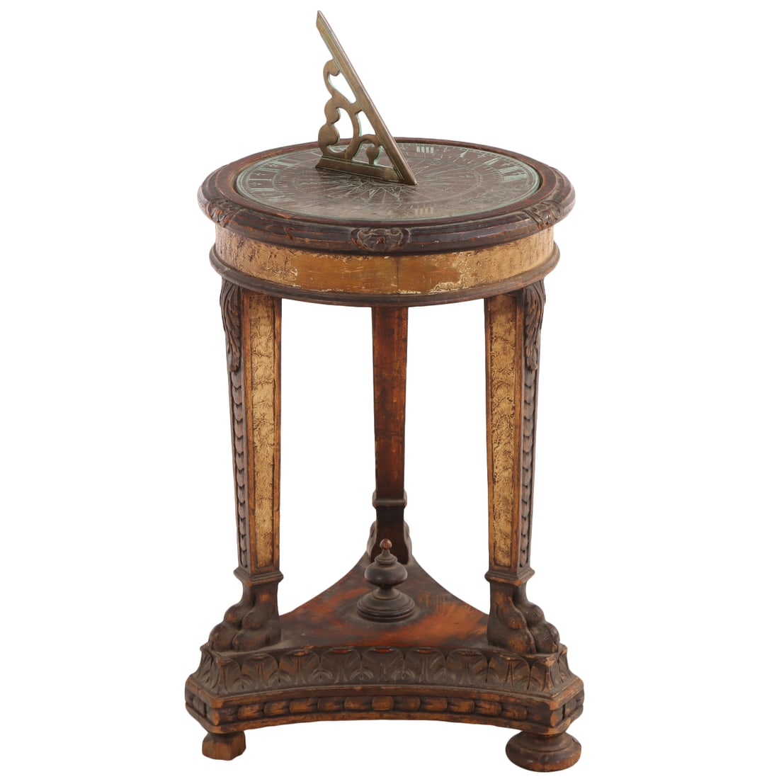 CARVED ITALIAN PAINT DECORATED TABLE C 1930 HAVING AN INSET BRASS SUNDIAL.: Carved Italian paint decorated table C 1930 having an inset brass sundial. Ht: 28.25" Wd: 14.25" Dpth: 14.25"