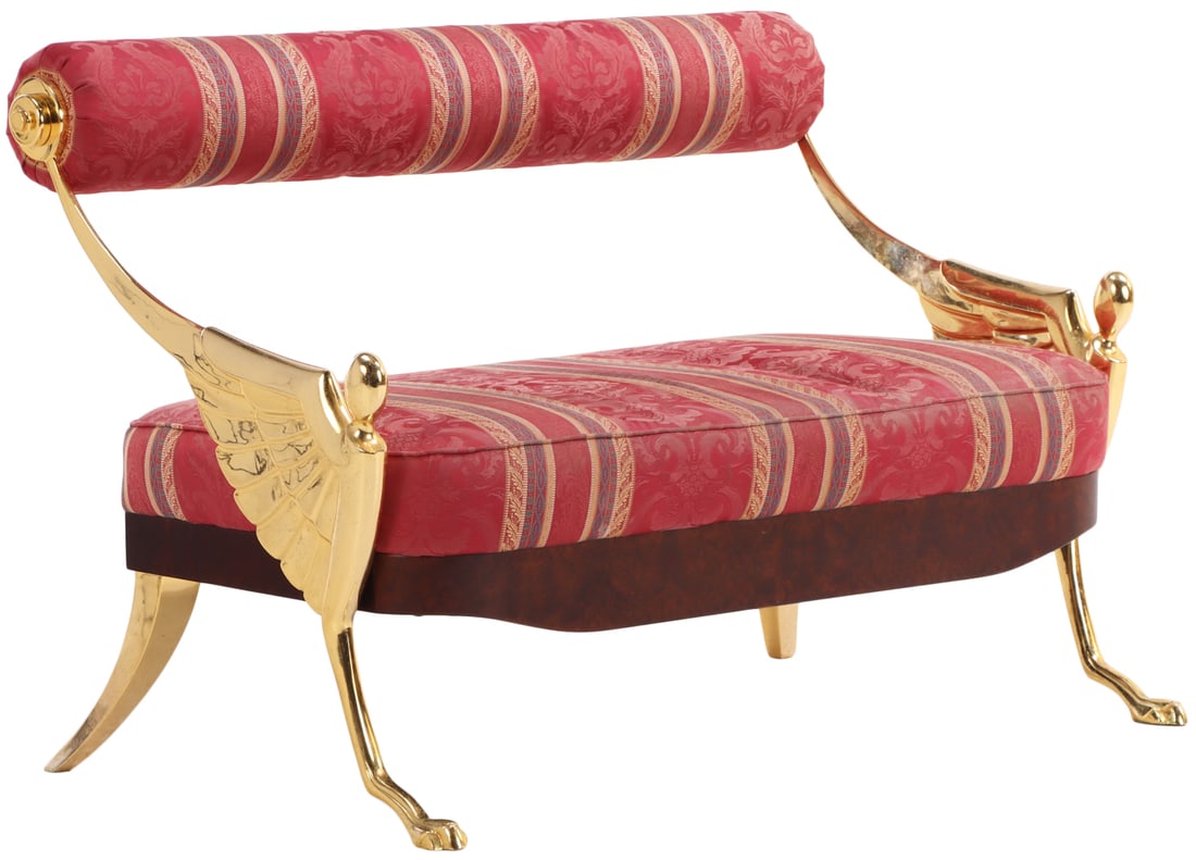 BRASS AND MAHOGANY WINGED SETTEE HAVING AN UPHOLSTERED ROLLED BACK.: Brass and mahogany winged settee having an upholstered rolled back. Ht: 32.5" Wd: 48.5" Dpth: 30" Seat: 18"