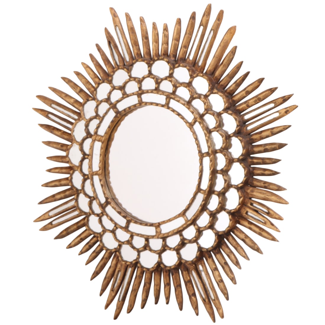 CARVED AND GILTWOOD SUNBURST MIRROR C 1960.: Carved and giltwood sunburst mirror C 1960. Ht: 28" Wd: 28" Dpth: 2.5"