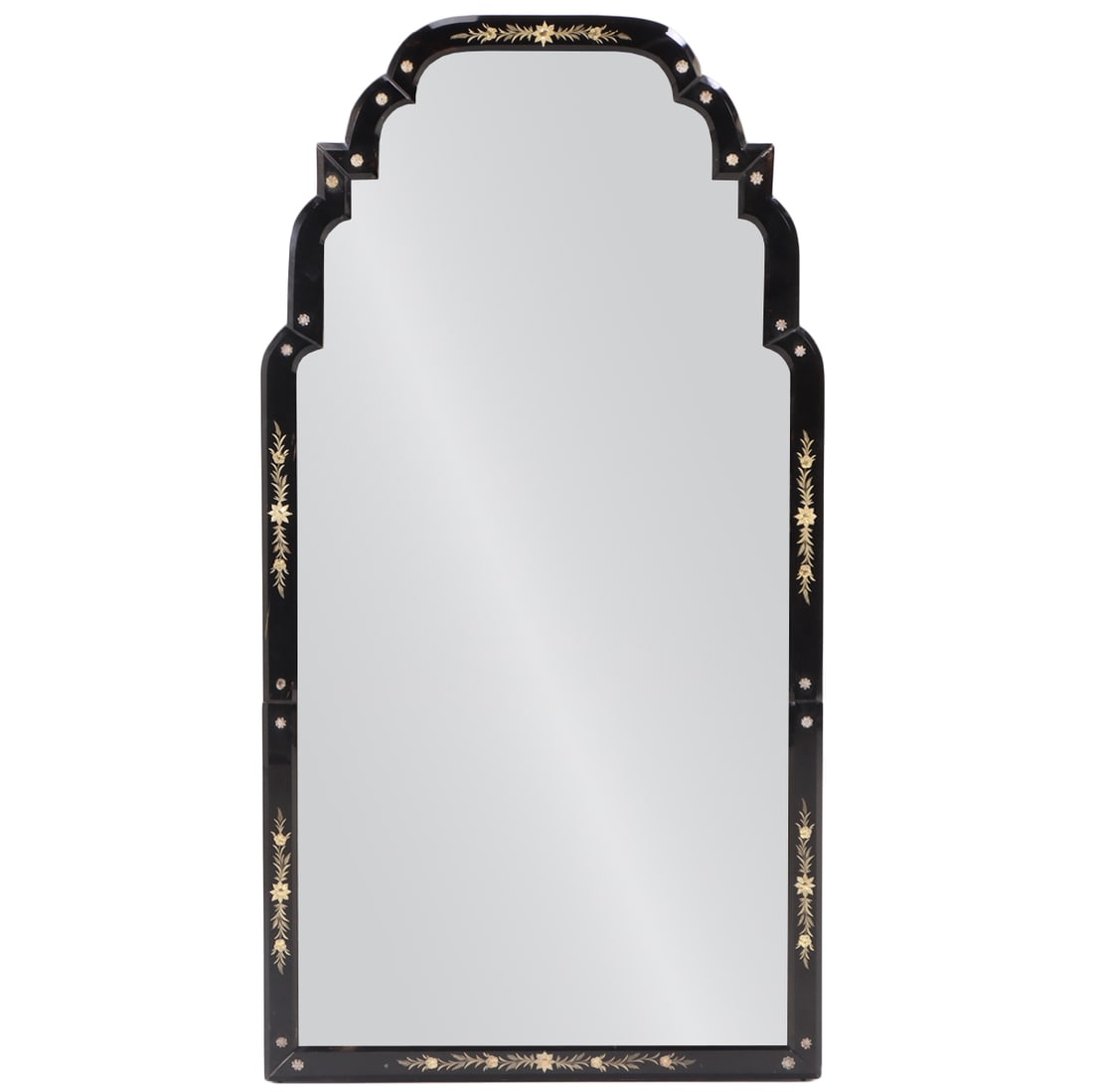 TOMBSTONE TOP MIRROR HAVING A FRAME OF BLACK BEVELED AND ETCHED GLASS C 1945..: Tombstone top mirror having a frame of black beveled and etched glass C 1945.. Ht: 42.5" Wd: 22.5" Dpth: 1.5"