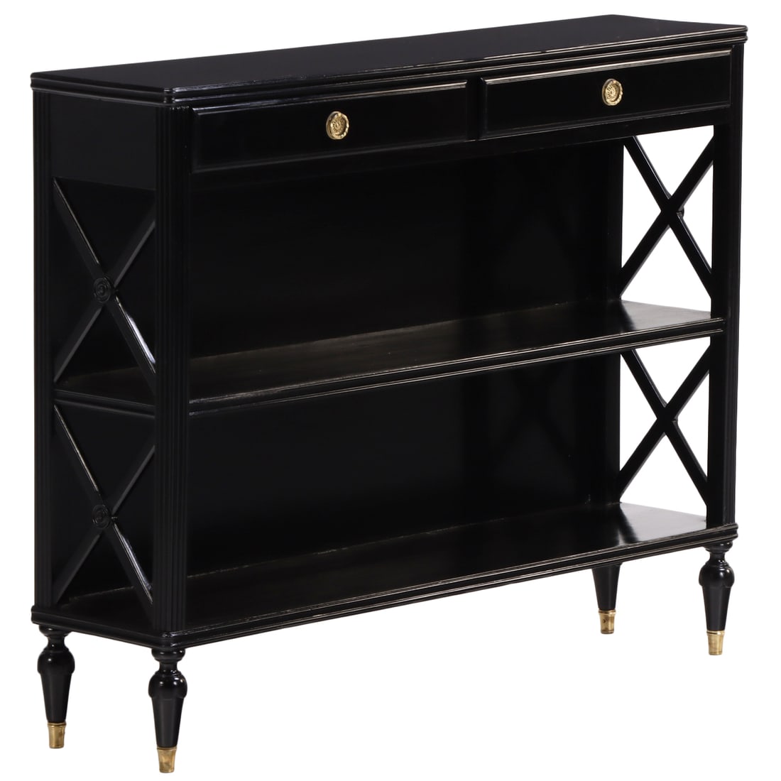 FRENCH DIRECTOIRE STYLE EBONIZED MAHOGANY OPEN BOOKCASE WITH X DESIGN C 1950. (1 of 6)