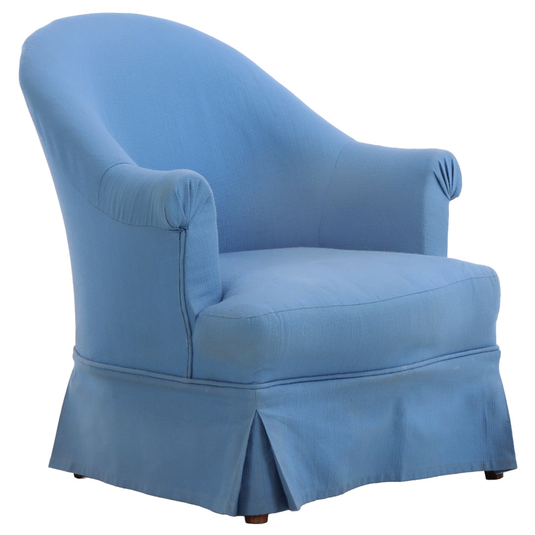 A SKIRTED FRENCH UPHOLSTERED LOUNGE CHAIR HAVING CONTINUOUS BACK CIRCA 1940.: A skirted French upholstered lounge chair having continuous back circa 1940. Ht: 28.25" Wd: 27.25" Dpth: 27" Seat: 14"