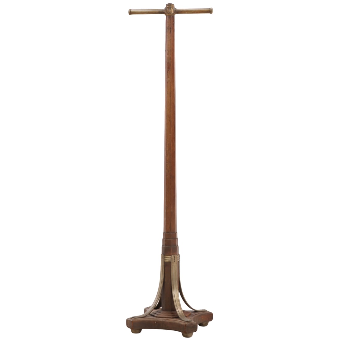 ART DECO MAHOGANY AND BRASS COAT RACK C 1940.: Art Deco mahogany and brass coat rack C 1940. Ht: 64.75" Wd: 17" Dpth: 14.5"