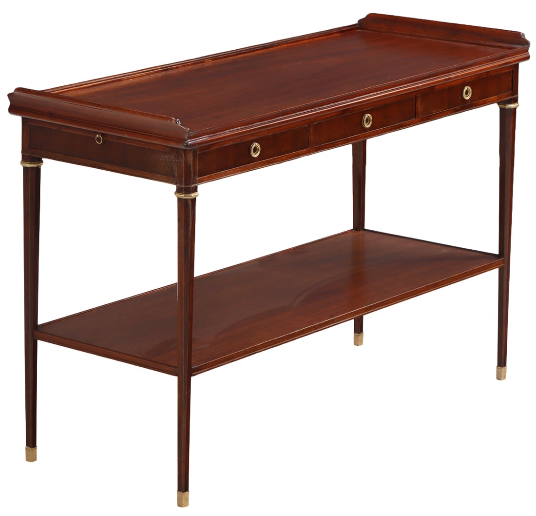 A QUALITY MAHOGANY SERVER HAVING THREE DRAWERS, BRONZE MOUNTS, LEATHER PULL OUT SLIDES AND RESTING (1 of 5)