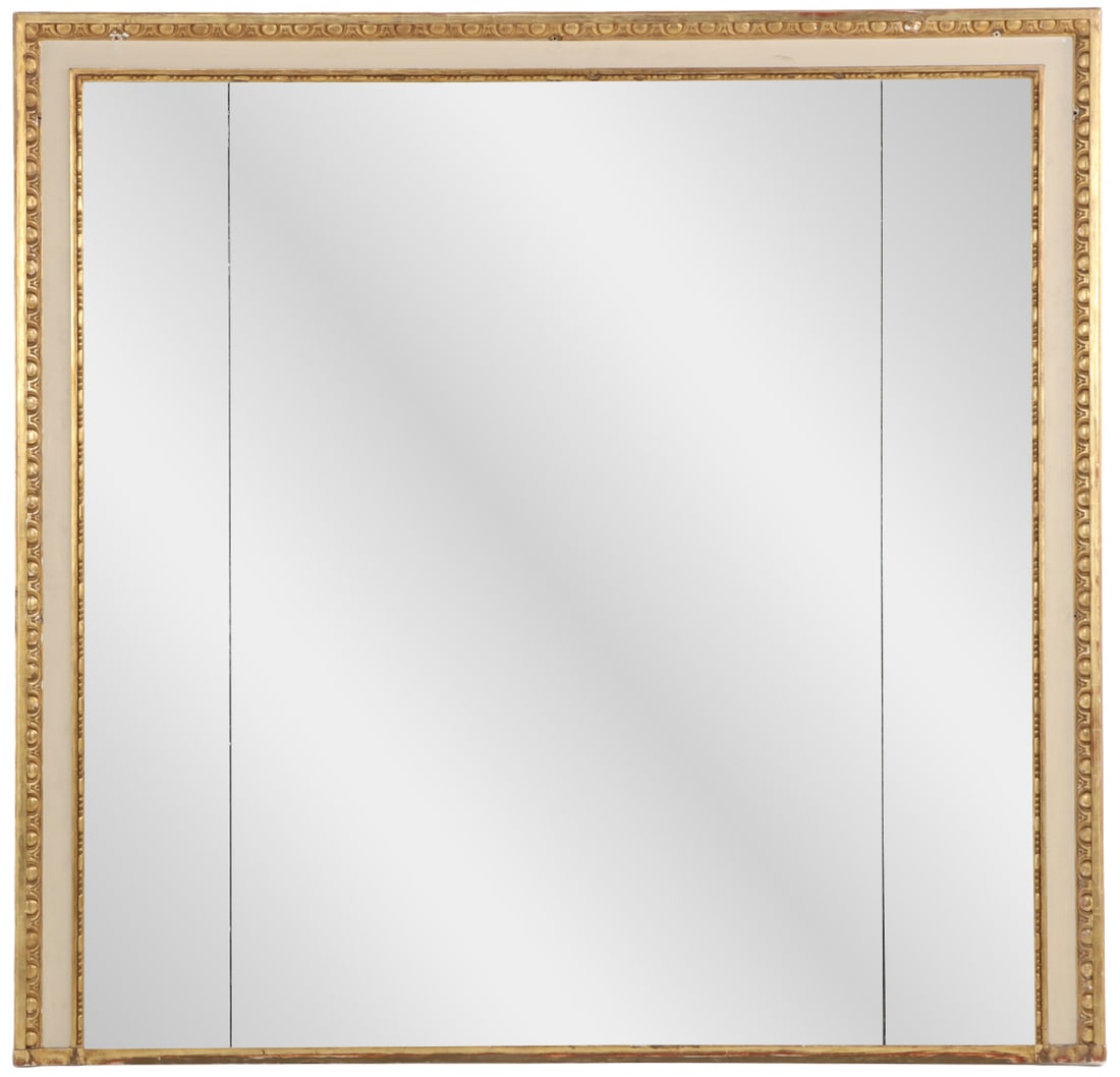 LARGE PAINTED AND GILTWOOD MIRROR HAVING EGG AND DART TRIM AND TRIPARTITE PLATE GLASS MIRROR BY (1 of 8)