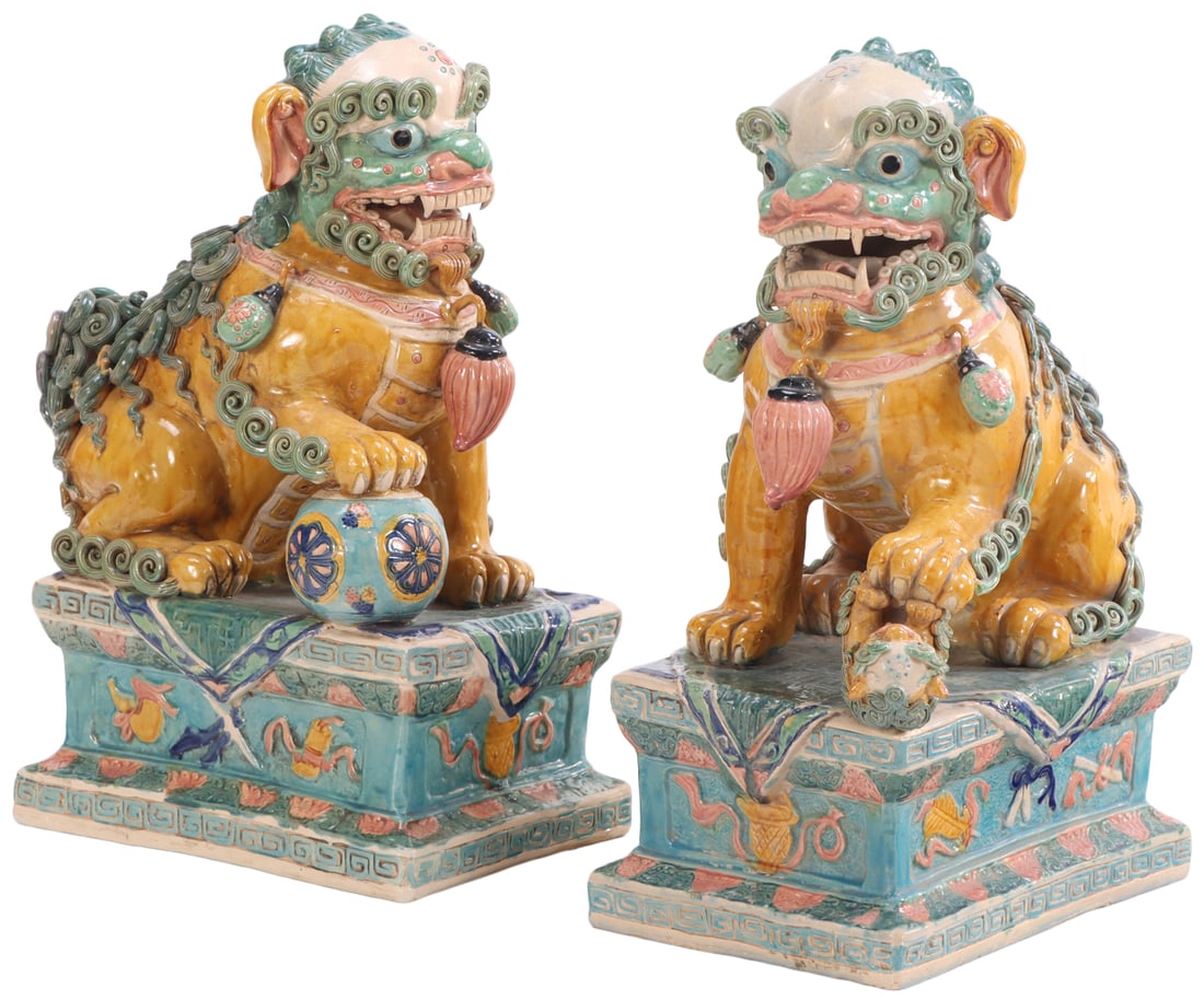 PAIR OF CERAMIC CHINESE FOOD DOGS HAVING POLYCHROME PAINT DECORATION C. LATE 20TH CENTURY: Pair of ceramic Chinese Food Dogs having polychrome paint decoration c. late 20th century Ht: 18.5" Wd: 9" Dpth: 13.5"