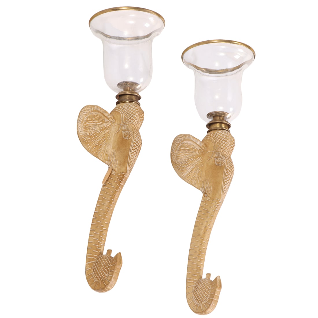 PAIR OF CHAPMAN ELEPHANT FORM SCONCES, CAST RESIN WITH GLASS GLOBES C. 1990: Pair of Chapman elephant form sconces, cast resin with glass globes c. 1990. Ht: 28.5" Wd: 8.25" Dpth: 8.25"