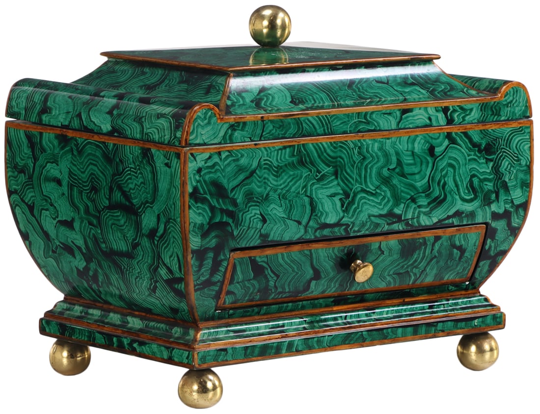 MAITLAND SMITH FAUX MALACHITE HINGED BOX C 1990: Maitland Smith faux malachite hinged box c 1990 Ht: 10.5" Wd: 12.25" Dpth: 9"