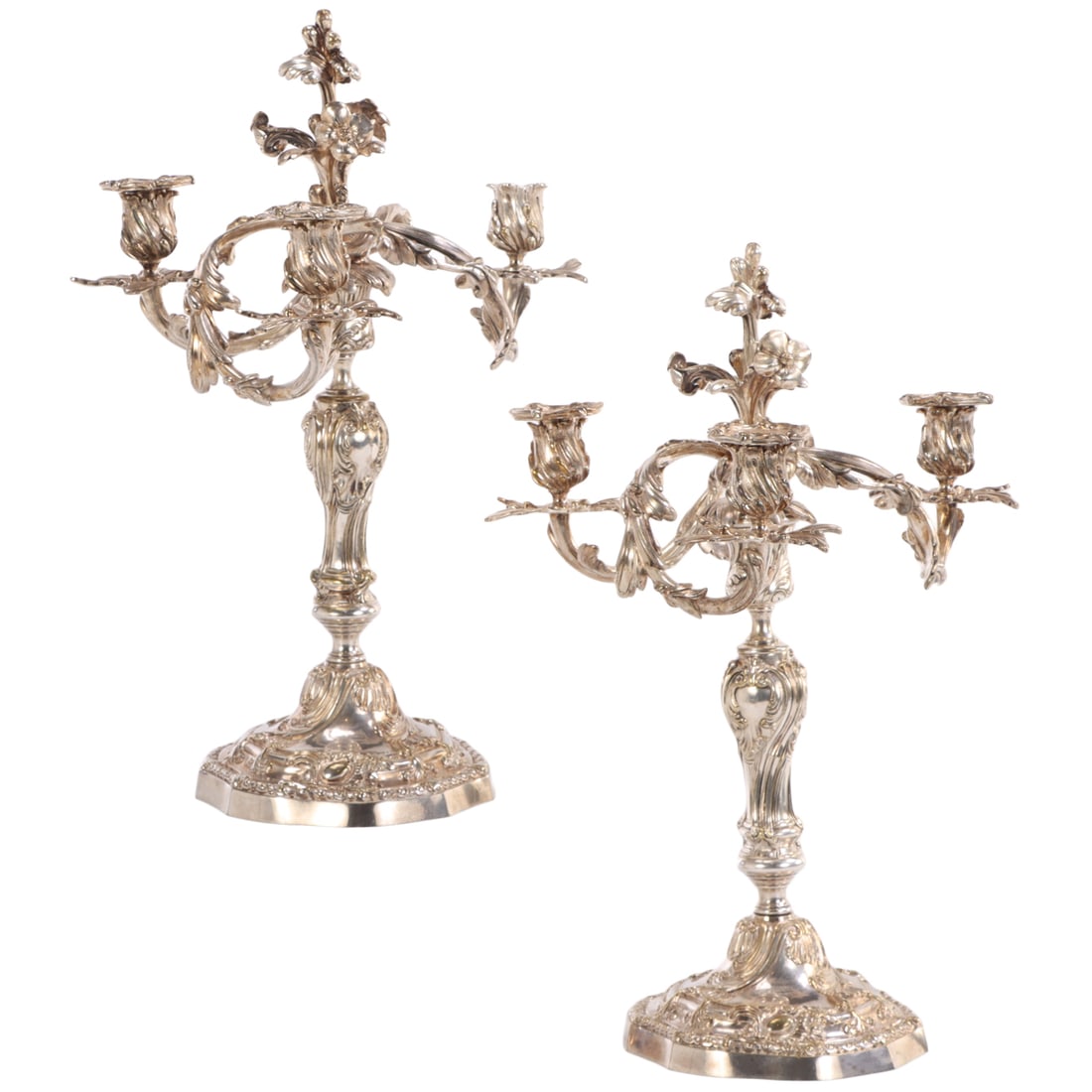 PAIR EUGENE BAZART SILVERPLATED CANDELABRAS, ONE SIGNED EUG. BAZART, PARIS C. 19TH CENTURY.: Pair Eugene Bazart silverplated candelabras, one signed Eug. Bazart, Paris c. 19th century. Ht: 18.5" Wd: 12" Dpth: 12"