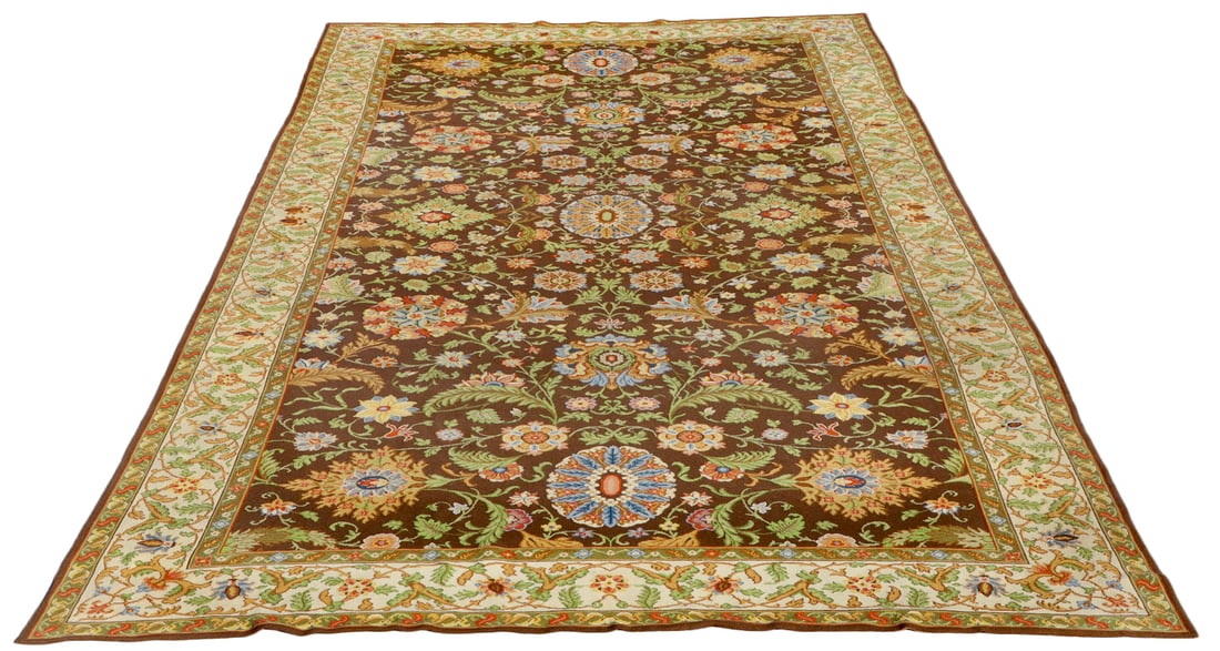 ONE OF THREE LARGE ORNATE FLORAL FLATWEAVE AREA RUGS 23' 8" X 11' 2": One of three large ornate floral flatweave area rugs 23' 8" x 11' 2"