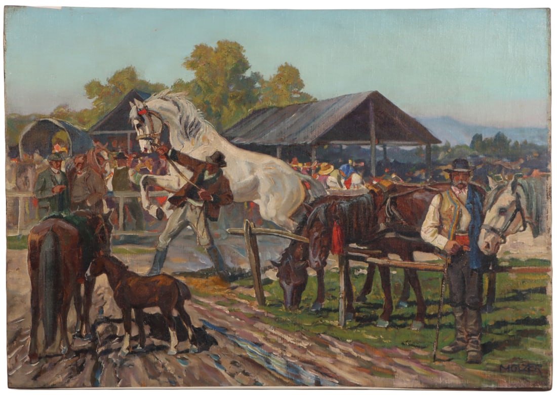 HERMAN MOLZER (AUSTRIAN 1894-1969) "TRAINING THE HORSES" EQUESTRIAN OIL ON CANVAS, SIGNED, UNFRAMED (1 of 6)