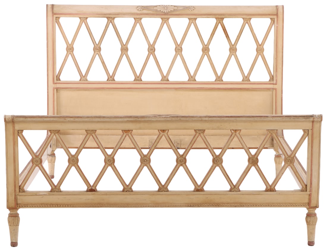 FRENCH PAINTED AND CARVED DIRECTOIRE STYLE FULL SIZE BED C 1940.: French painted and carved Directoire style full size bed C 1940. Interior- Wd: 56.25", Dpth: 78". Ht: 43.25" Wd: 59.5" Dpth: 88.5"