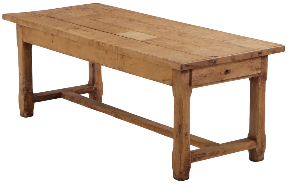 FRENCH SOLID OAK FARM TABLE WITH THICK TOP HAVING CHAMFERED LEGS AND A DRAWER AT EITHER END.: French solid oak farm table with thick top having chamfered legs and a drawer at either end. Ht: 30.5" Wd: 83" Dpth: 34"