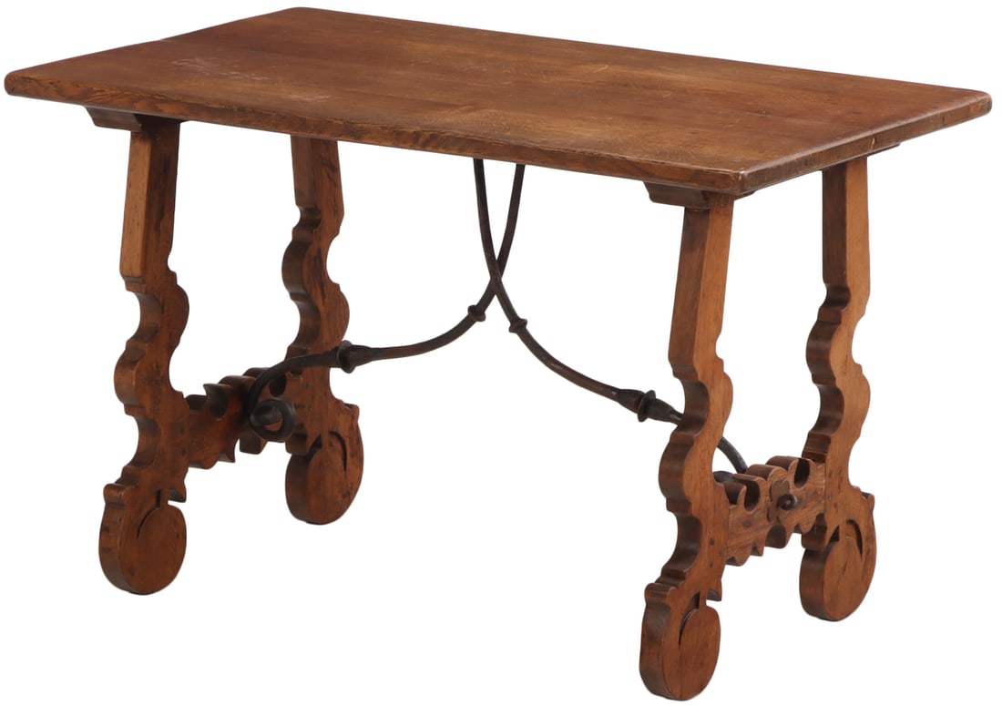 FRENCH OAK TABLE HAVING AN IRON STRETCHER C 1920.: French oak table having an iron stretcher C 1920. Ht: 29.25" Wd: 45.25" Dpth: 28.5"