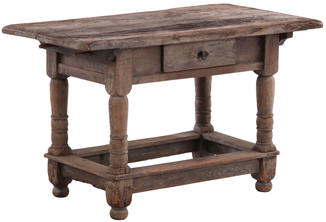 EIGHTEENTH CENTURY CONTINENTAL TABLE HAVING A SINGKE DRAWER, BOX STRETCHER AND A REMOVABLE TOP. (1 of 6)