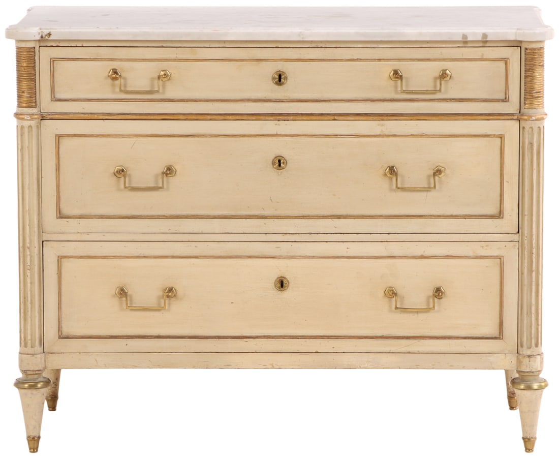 PAINTED AND BRASS MOUNTED LOUIS XVI STYLE COMMODE HAVING THREE DRAWERS AND A MARBLE TOP C 1940.: Painted and brass mounted Louis XVI style commode having three drawers and a marble top C 1940. Ht: 35.5" Wd: 44.5" Dpth: 18.75"