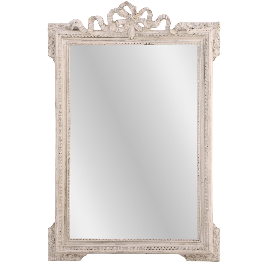 PAINTED FRENCH LOUIS XV STYLE MIRROR WITH RIBBON FORM CREST C 1920.: Painted French Louis XV style mirror with ribbon form crest C 1920. Ht: 46.25" Wd: 31.25" Dpth: 3"