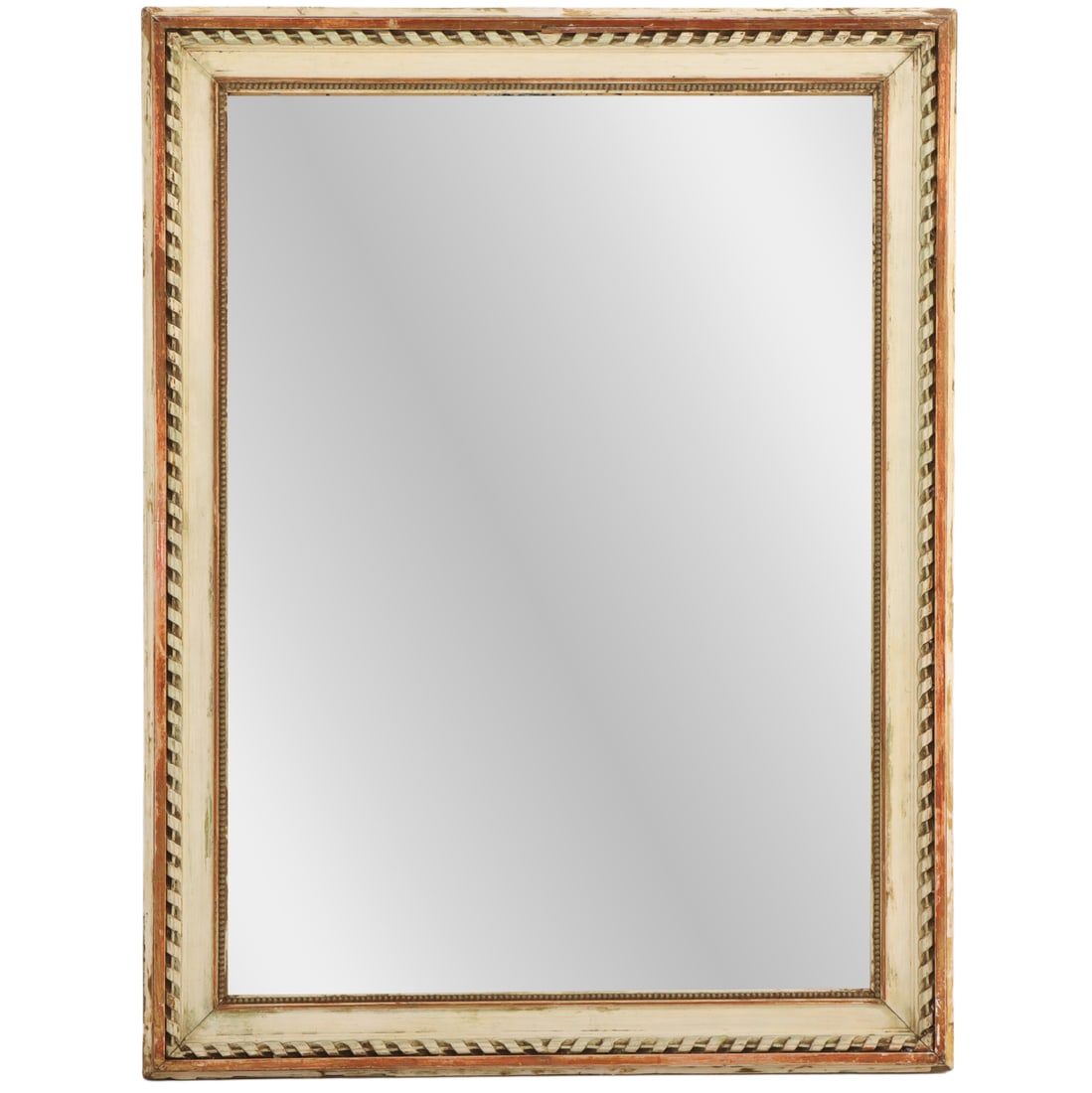 46" FRENCH PAINTED AND PARTAIL GILT WOOD MIRROR C 1900.: 46" French painted and partail gilt wood mirror C 1900. Ht: 46.25" Wd: 35.25" Dpth: 1.5"